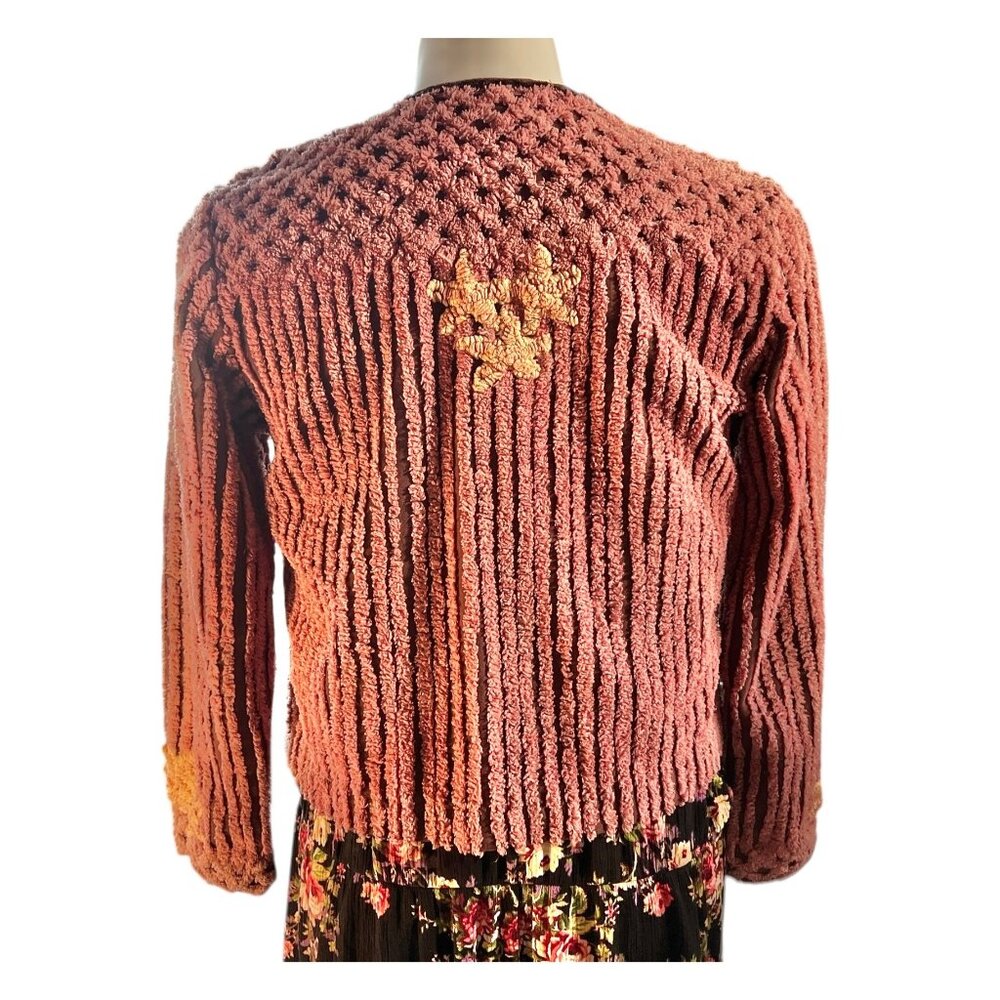 Chenille Cardigan With Loop Details on flowers Leaves Handmade Pink Rose - Picture 4 of 13